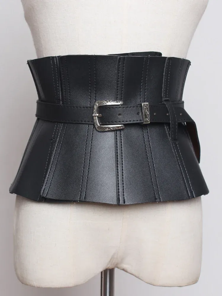 Ruffles PU Leather Cummerbunds Women Solid Color Waist Girdle Adjustable Wide Belts