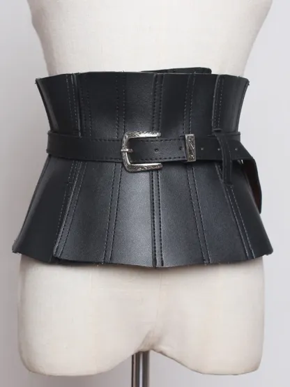 Ruffles PU Leather Cummerbunds Women Solid Color Waist Girdle Adjustable Wide Belts 