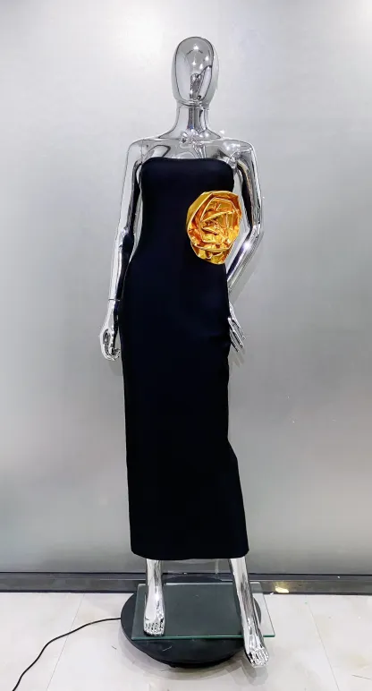 Strapless Big Golden Florals Bodycon Bandage Long Dress 