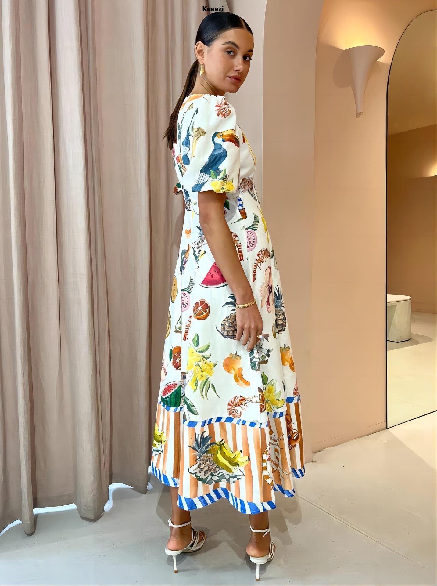 Short Sleeve Fashion Vintage Print Maxi Dress Casual Summer Round Neck Puff Sleeve Loose Women Long Dress Slim Fit Elegant Robe-chiquechics