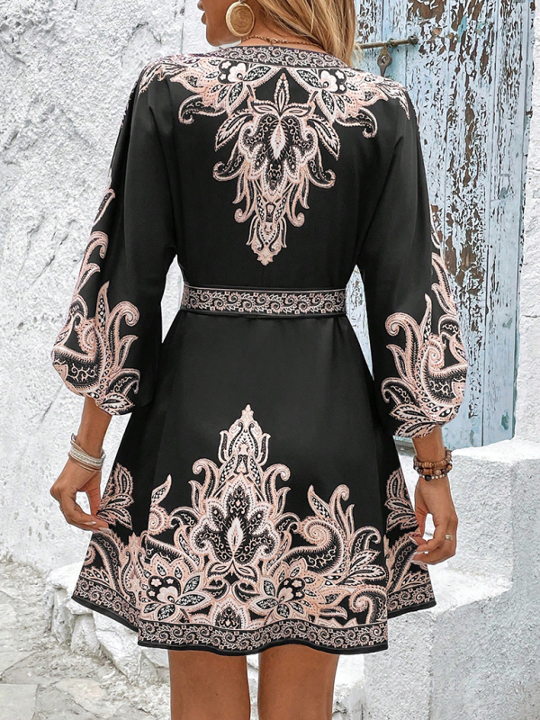 New Printed V-Neck Three-Quarter Sleeve Tie-Waist Dress-chiquechics