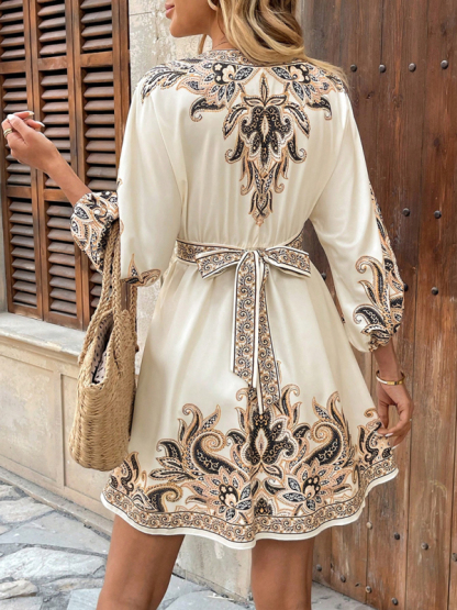 New Printed V-Neck Three-Quarter Sleeve Tie-Waist Dress-chiquechics