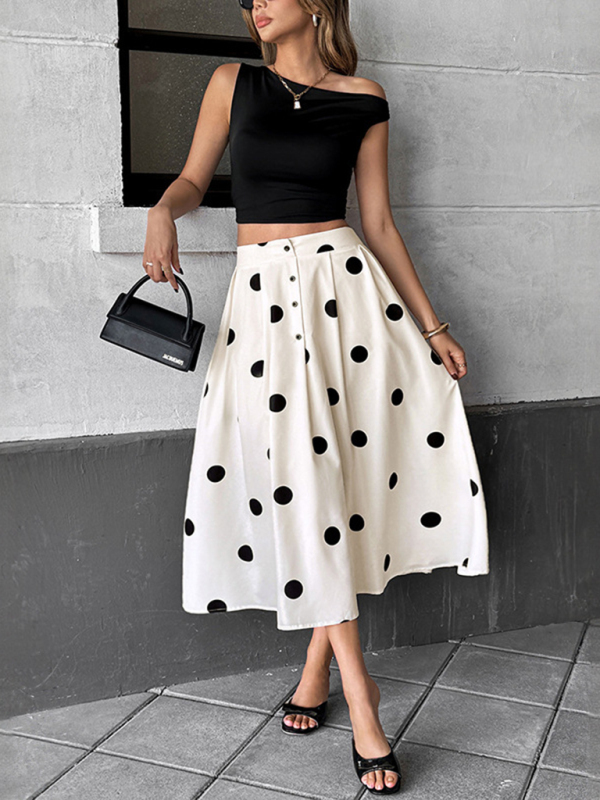 New mid-length umbrella skirt polka dot skirt elastic retro elegant A-line skirt-chiquechics