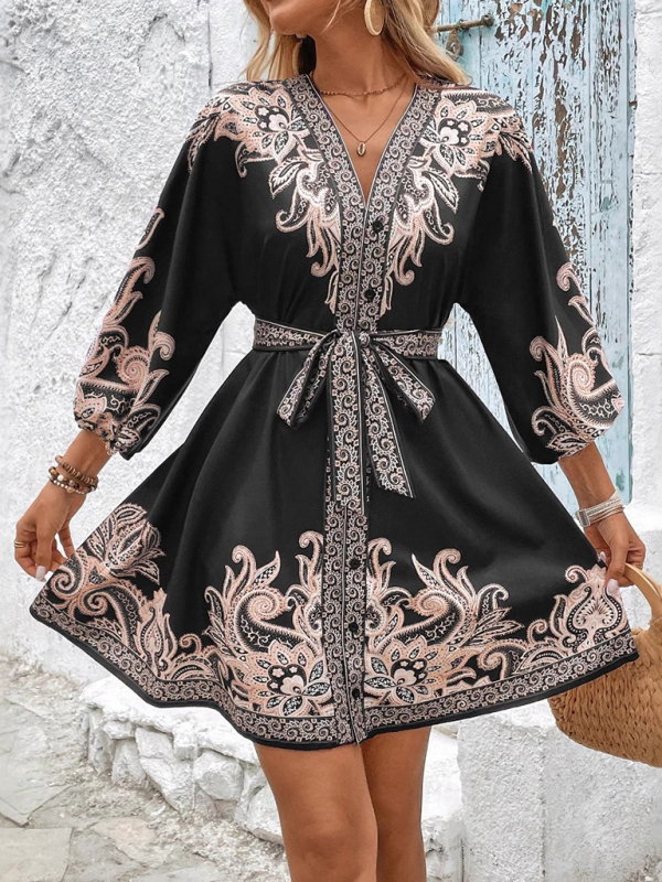 New Printed V-Neck Three-Quarter Sleeve Tie-Waist Dress-chiquechics