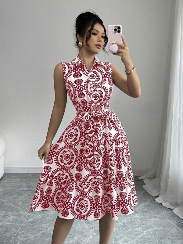 Fashionable off-shoulder waist-binding red printed sleeveless dress-chiquechics