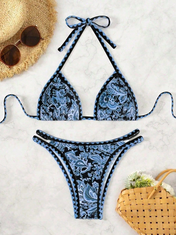 Dark blue printed halter neck sexy bikini-chiquechics