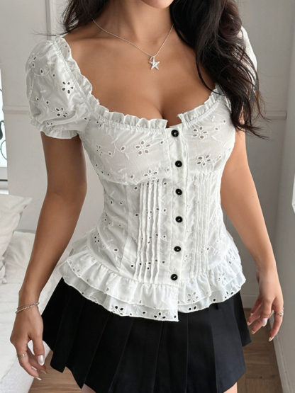 Sexy hot girl hollow short-sleeved T-shirt shirt-chiquechics