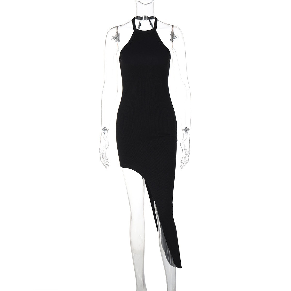 Fashionable and sexy backless split neck sleeveless dress with hanging neck-chiquechics