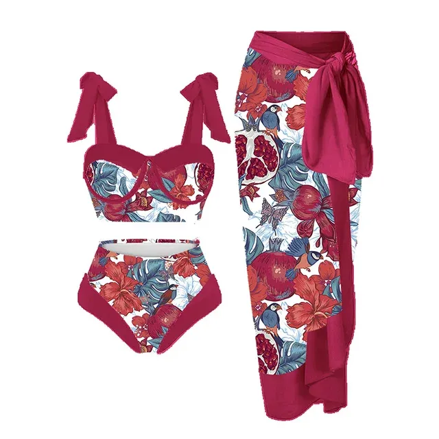 Retro Two-Piece Swimwear Women Bikini Beach Dress Swimming Costume Wine Red Pomegranate Painting Style Summer Swimsuit