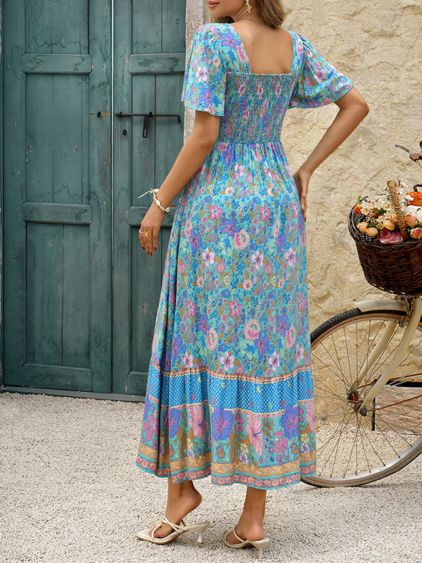 Holiday blue and pink floral print A-line maxi dress-chiquechics