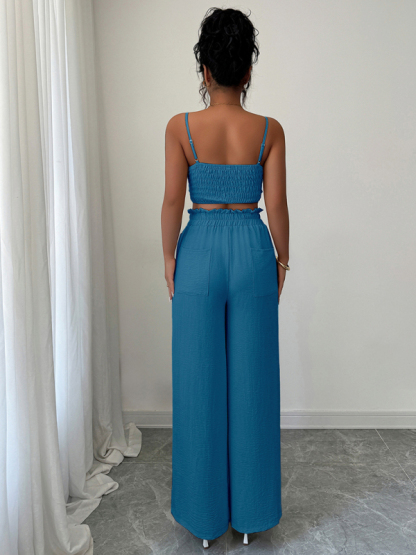 Peacock Blue Suspender Vest Wide Leg Pants Two-Piece Set-chiquechics