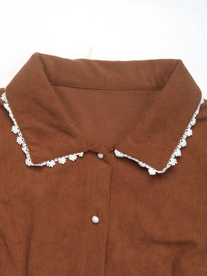 Lapel stitching lace long-sleeved shirt corduroy dress-chiquechics