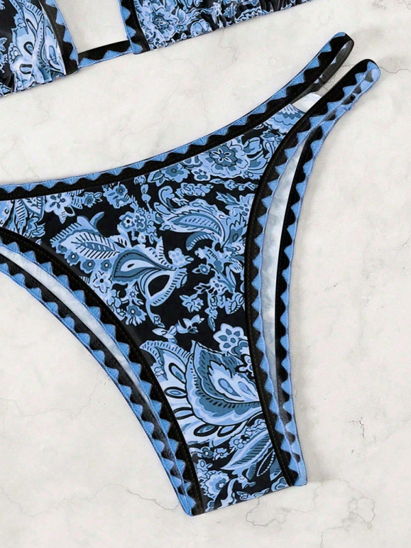 Dark blue printed halter neck sexy bikini-chiquechics