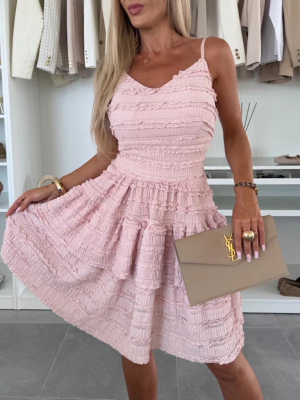 Solid color ruffle sexy suspender lace dress-chiquechics