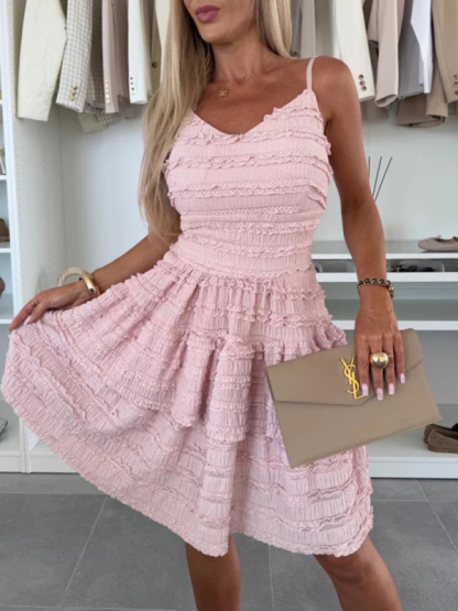 Solid color ruffle sexy suspender lace dress-chiquechics