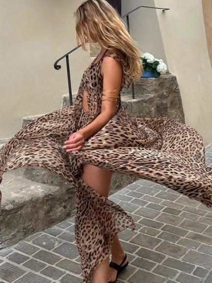 New chiffon printed suspender long skirt holiday loose leopard print two-piece set-chiquechics