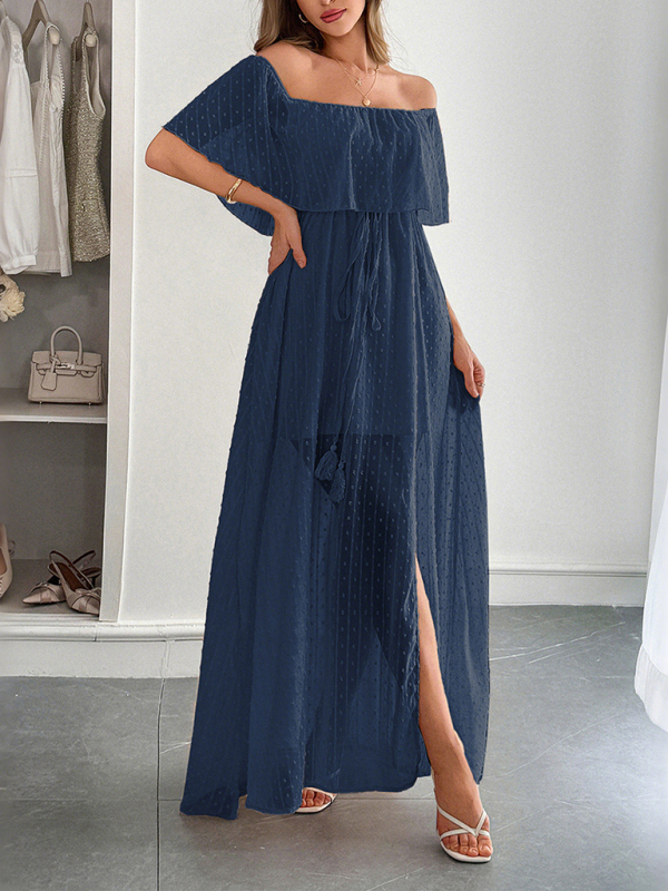 Elegant Strapless Waisted Short Sleeve Long Dress-chiquechics