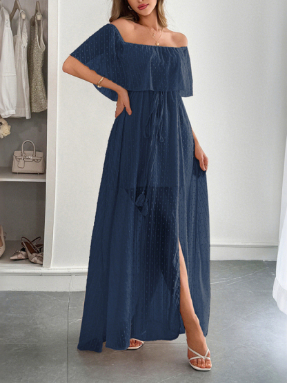 Elegant Strapless Waisted Short Sleeve Long Dress-chiquechics