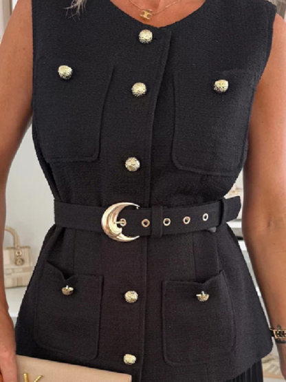 Sleeveless Chanel style vest vest mesh pleated skirt two-piece set-chiquechics