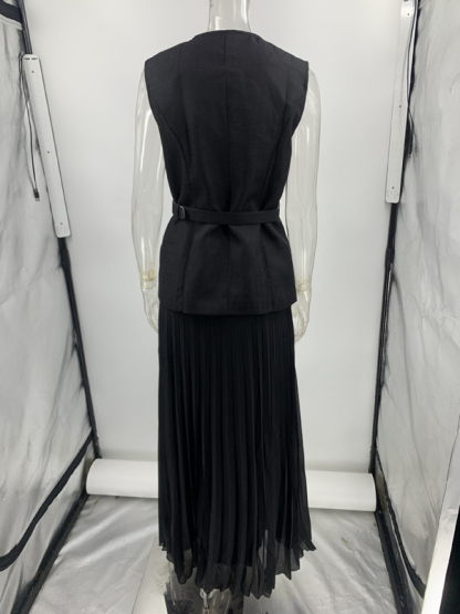 Sleeveless Chanel style vest vest mesh pleated skirt two-piece set-chiquechics