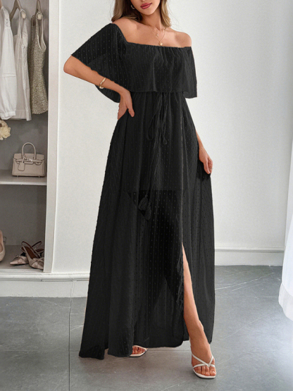 Elegant Strapless Waisted Short Sleeve Long Dress-chiquechics