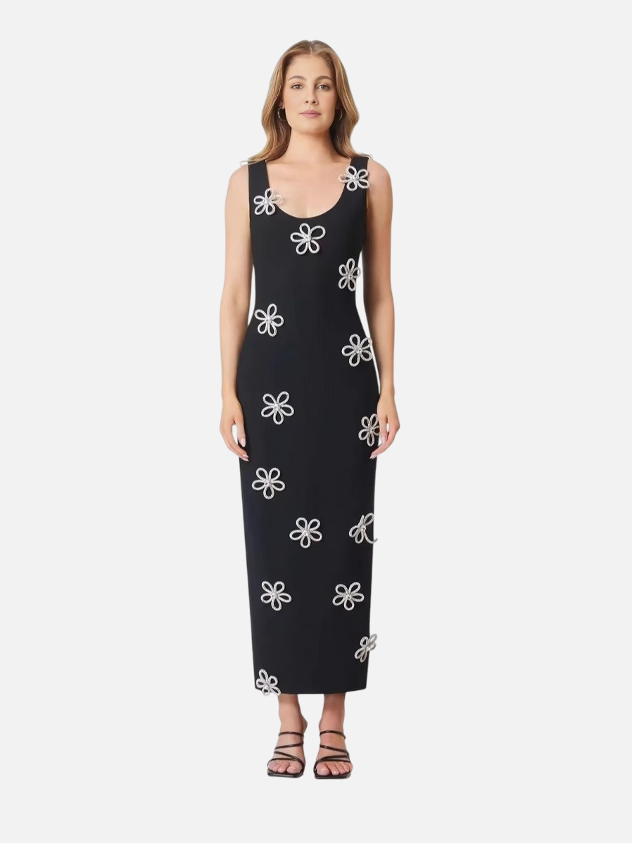 Summer U-neck sleeveless diamond studded three-dimensional flower slim fit black dress with buttocks wrapped-chiquechics