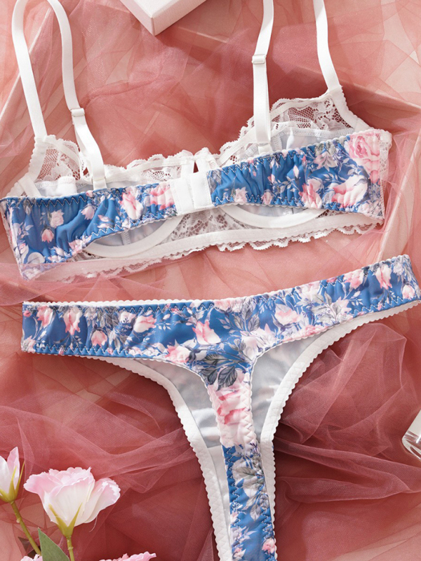 Sexy women's small floral lace patchwork printed underwear set-chiquechics