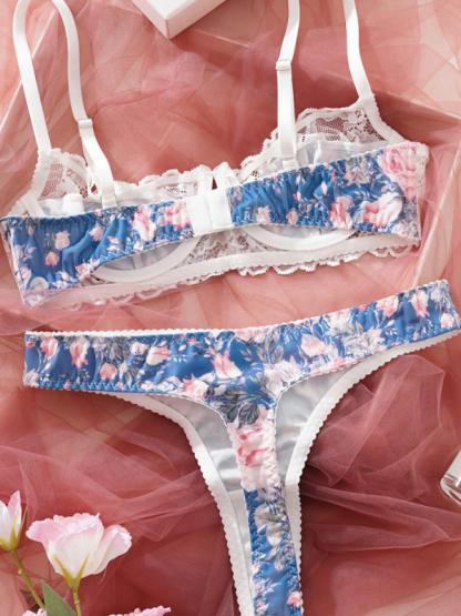 Sexy women's small floral lace patchwork printed underwear set-chiquechics
