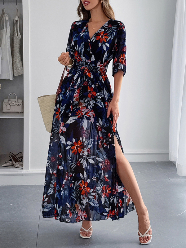 Holiday black printed tie maxi dress-chiquechics