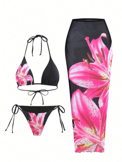 Retro flower print tropical skirt split strap beach three-piece set-chiquechics
