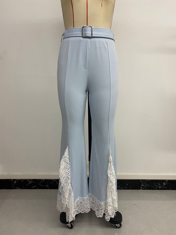 Casual and elegant with belt high waist lace solid color flared pants-chiquechics