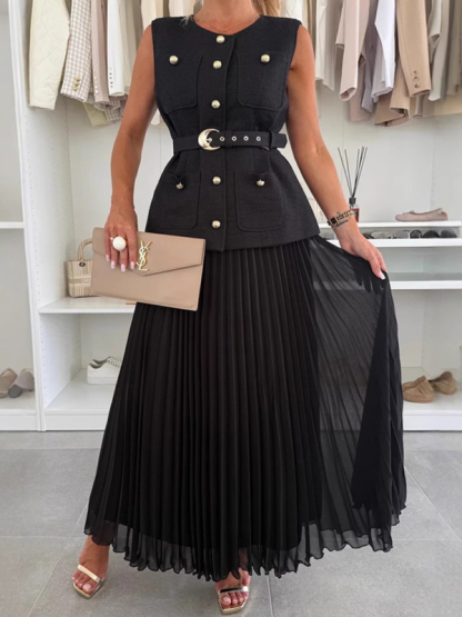 Sleeveless Chanel style vest vest mesh pleated skirt two-piece set-chiquechics