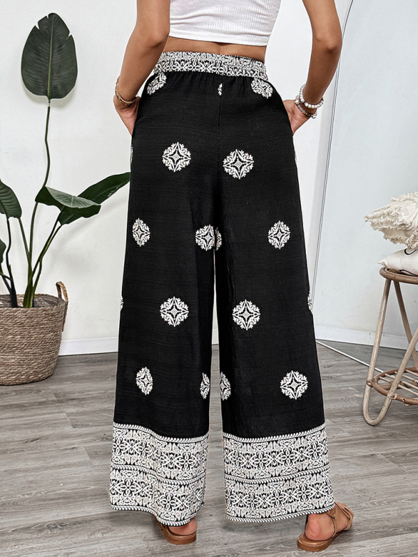 Ethnic style printed elastic waist drawstring casual comfortable straight pants-chiquechics