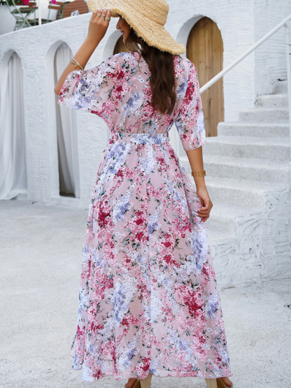 Holiday pink printed tie maxi dress-chiquechics
