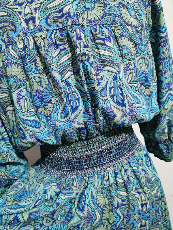 Three-quarter sleeve waisted Bohemian casual holiday beach dress-chiquechics