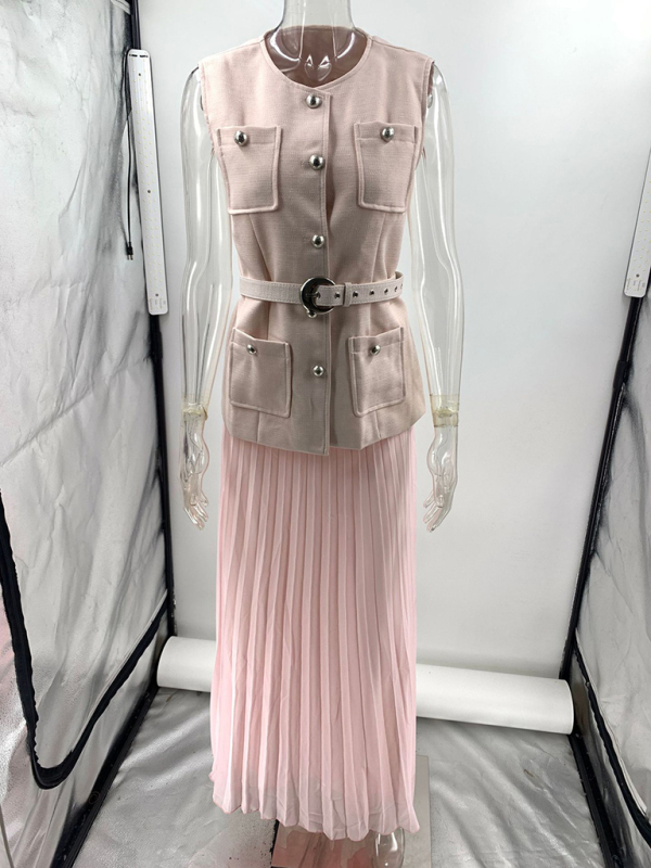 Sleeveless Chanel style vest vest mesh pleated skirt two-piece set-chiquechics