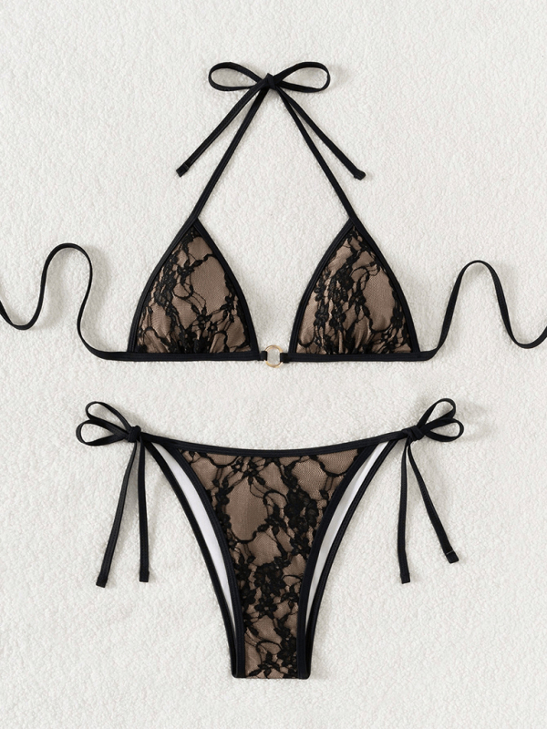 Black lace and nude backless bikini swimwear-chiquechics