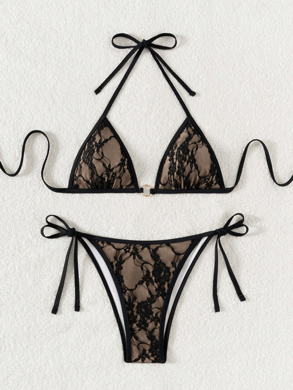 Black lace and nude backless bikini swimwear-chiquechics