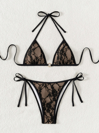 Black lace and nude backless bikini swimwear-chiquechics