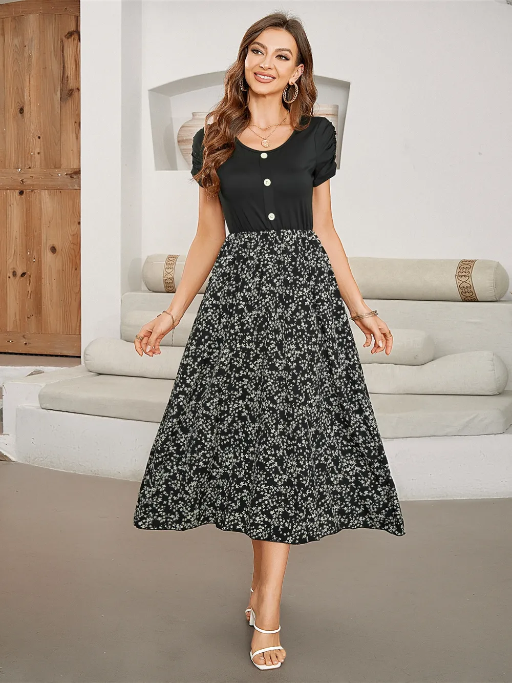 Printed Round Neck Short Sleeve Midi Dress-chiquechics