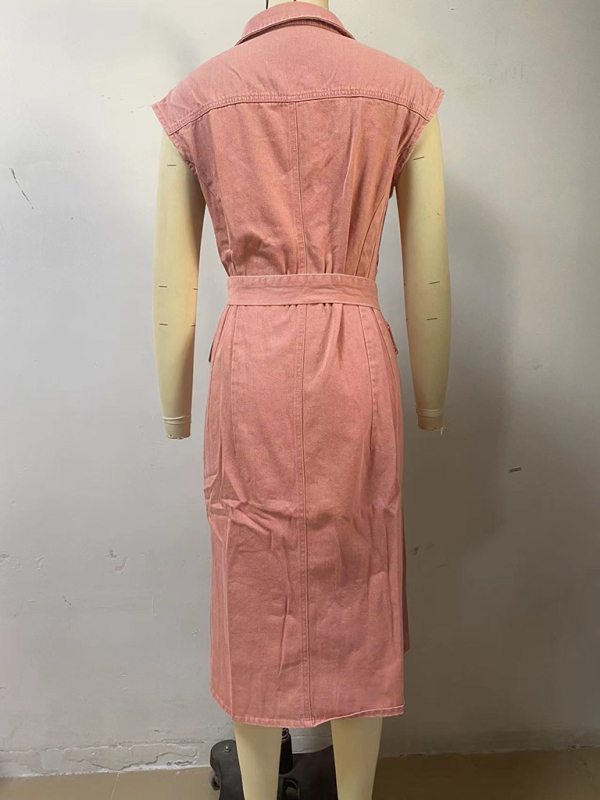 Fashion casual single breasted sleeveless denim dress-chiquechics