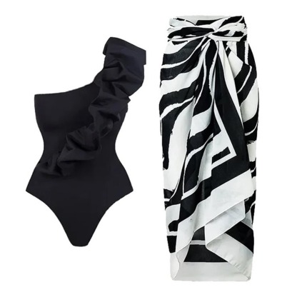 Black one piece swimsuit with sloping shoulders 