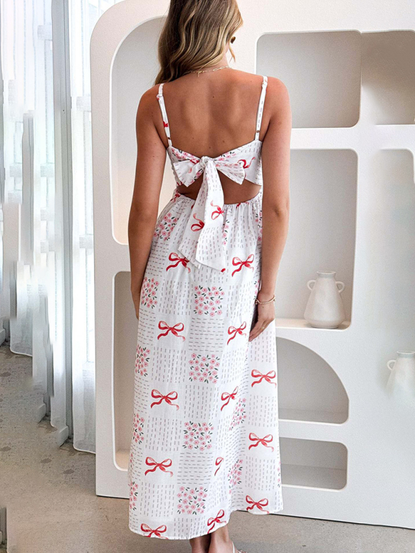 New V-neck waist holiday backless bow print dress-chiquechics