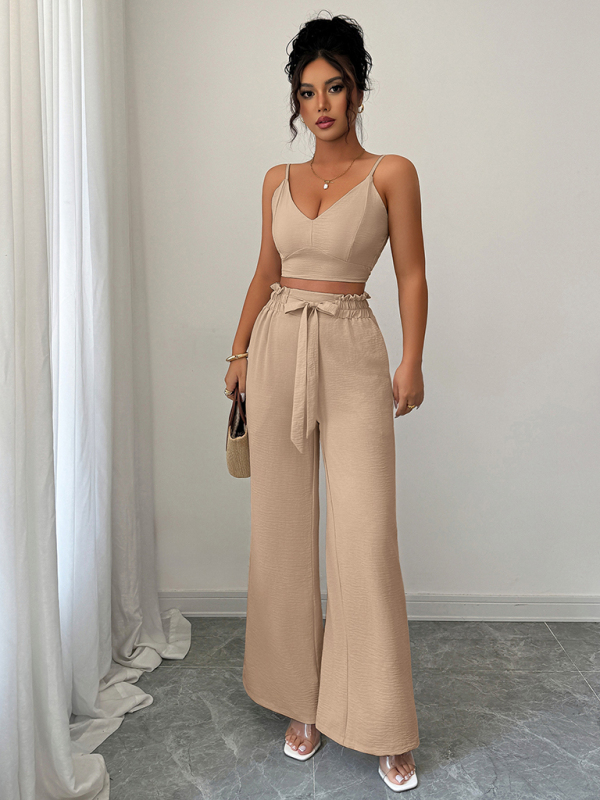 Light beige suspender vest wide-leg pants two-piece suit-chiquechics