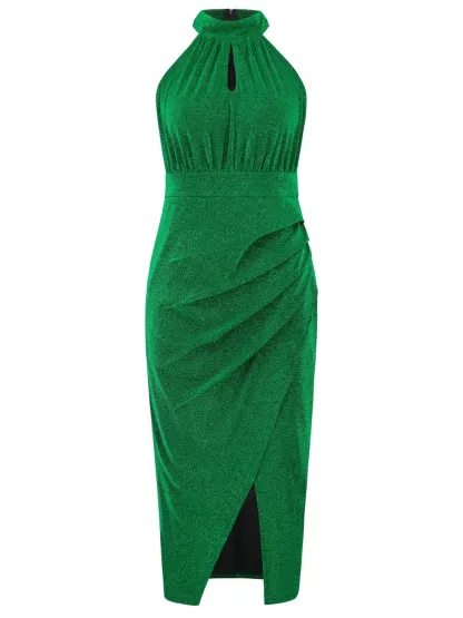 Slit Ruched Mock Neck Sleeveless Dress-chiquechics