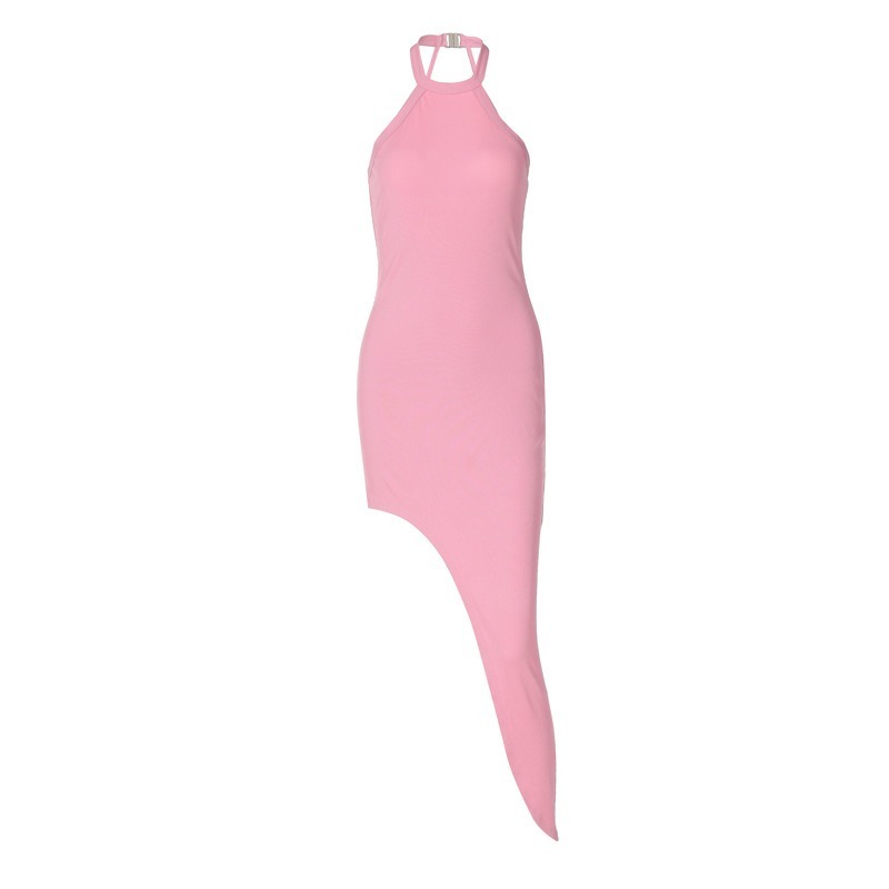 Fashionable and sexy backless split neck sleeveless dress with hanging neck-chiquechics