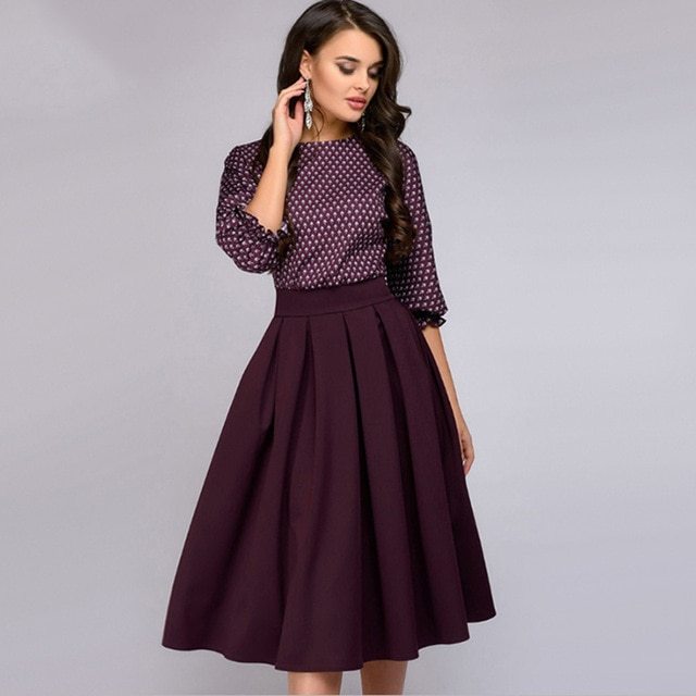 Autumn Vintage Lantern Sleeve Printing Dress Women's Elegant Casual O-Neck Half Sleeves A-Line Dress Mid-Calf Party Dresses-chiquechics