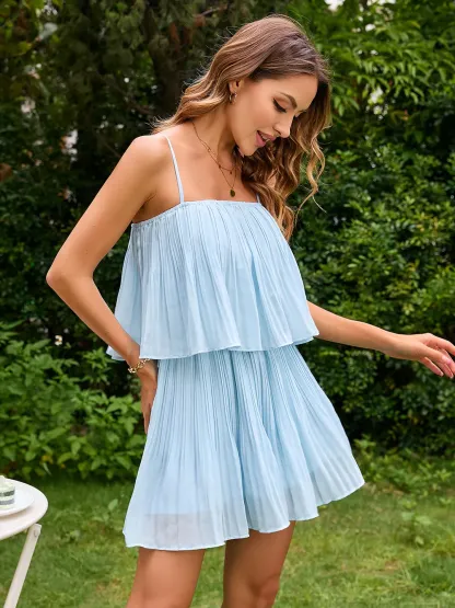 Solid color suspender dress with two layers of lotus leaf A-line skirt-chiquechics