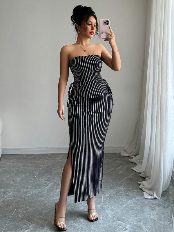 Elegant striped strappy tube top hip skirt suit-chiquechics