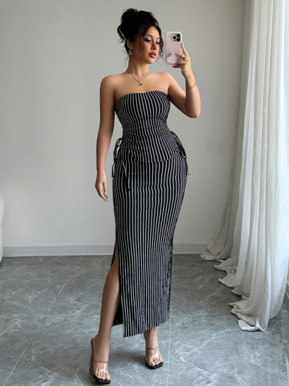 Elegant striped strappy tube top hip skirt suit-chiquechics